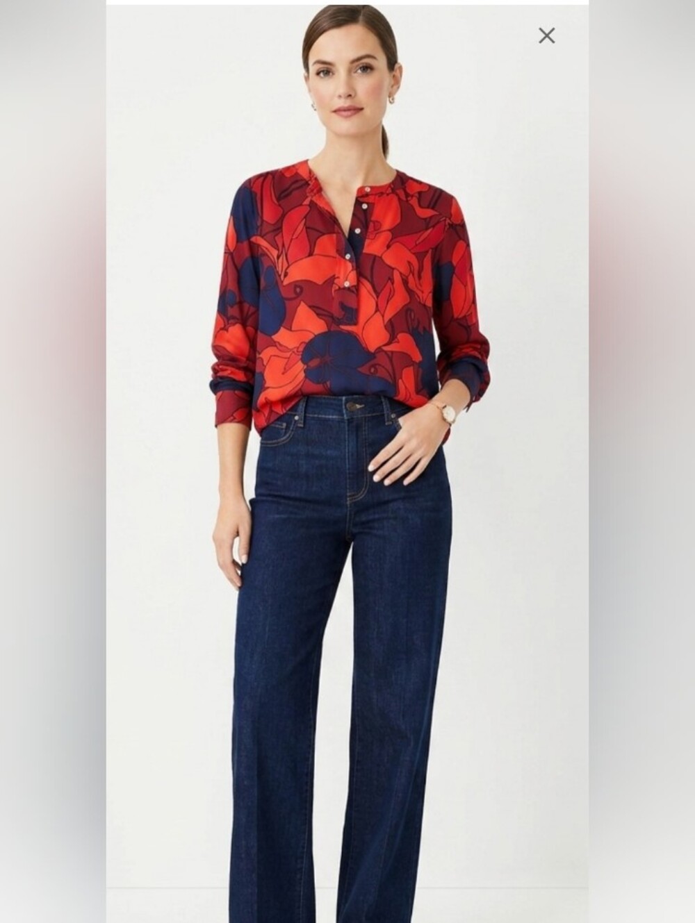 LOFT Red & Navy Abstract Floral Long-Sleeve Blouse